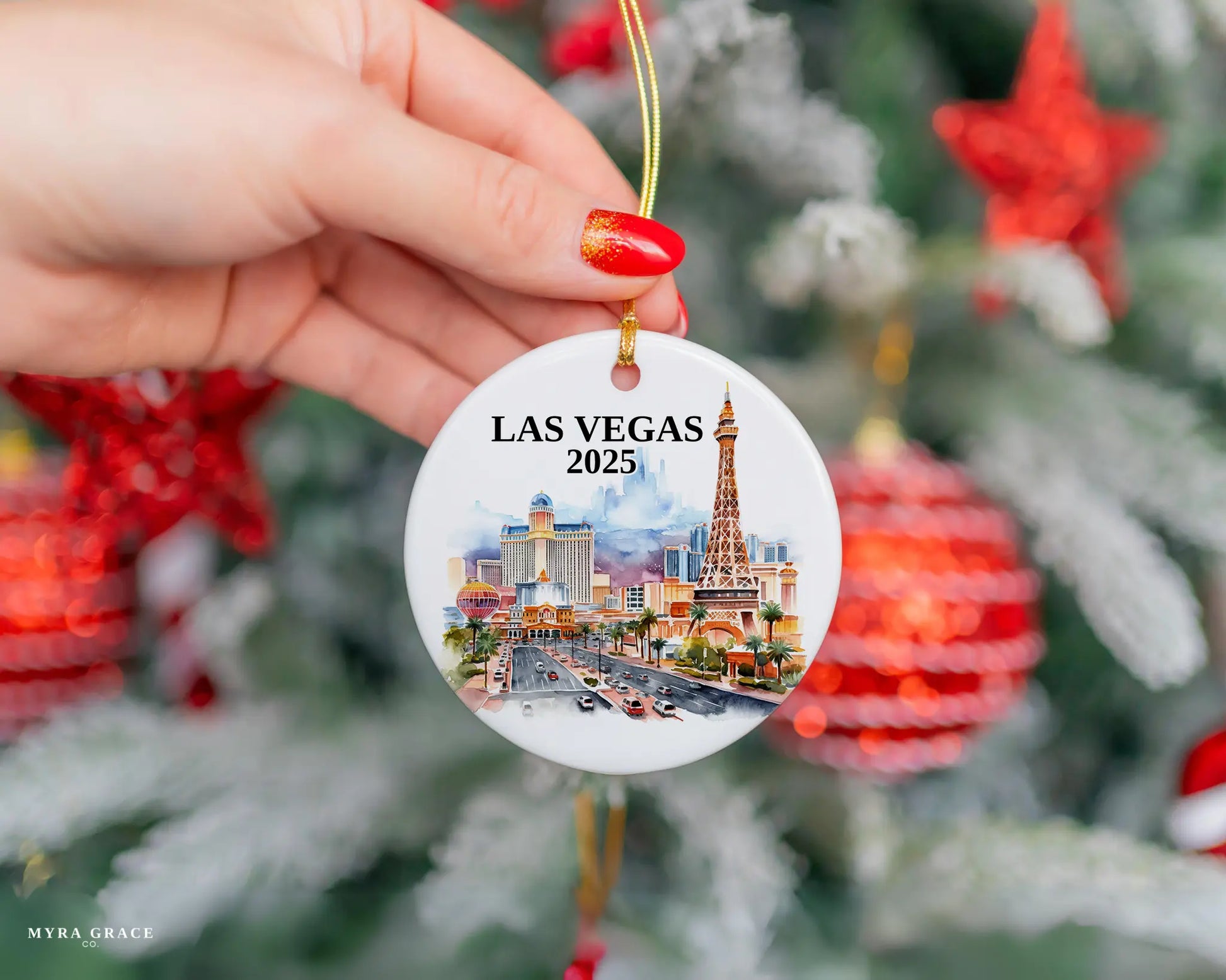 Custom Las Vegas Nevada ceramic photo ornament with personalized message – handmade Christmas bauble, gift souvenir, or vacation keepsake.  