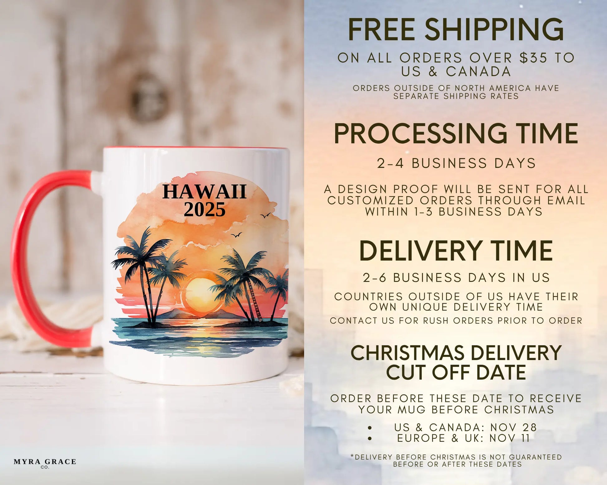 Custom ceramic Hawaii vacation mug with watercolor location design, date, and personal photo – personalized travel gift or photo mug. Free shipping