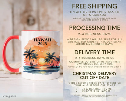 Custom ceramic Hawaii vacation mug with watercolor location design, date, and personal photo – personalized travel gift or photo mug. Free shipping