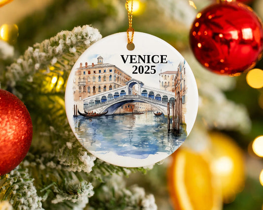 Custom Venice Italy ceramic photo ornament with personalized message – handmade Christmas bauble, gift souvenir, or vacation keepsake. 
