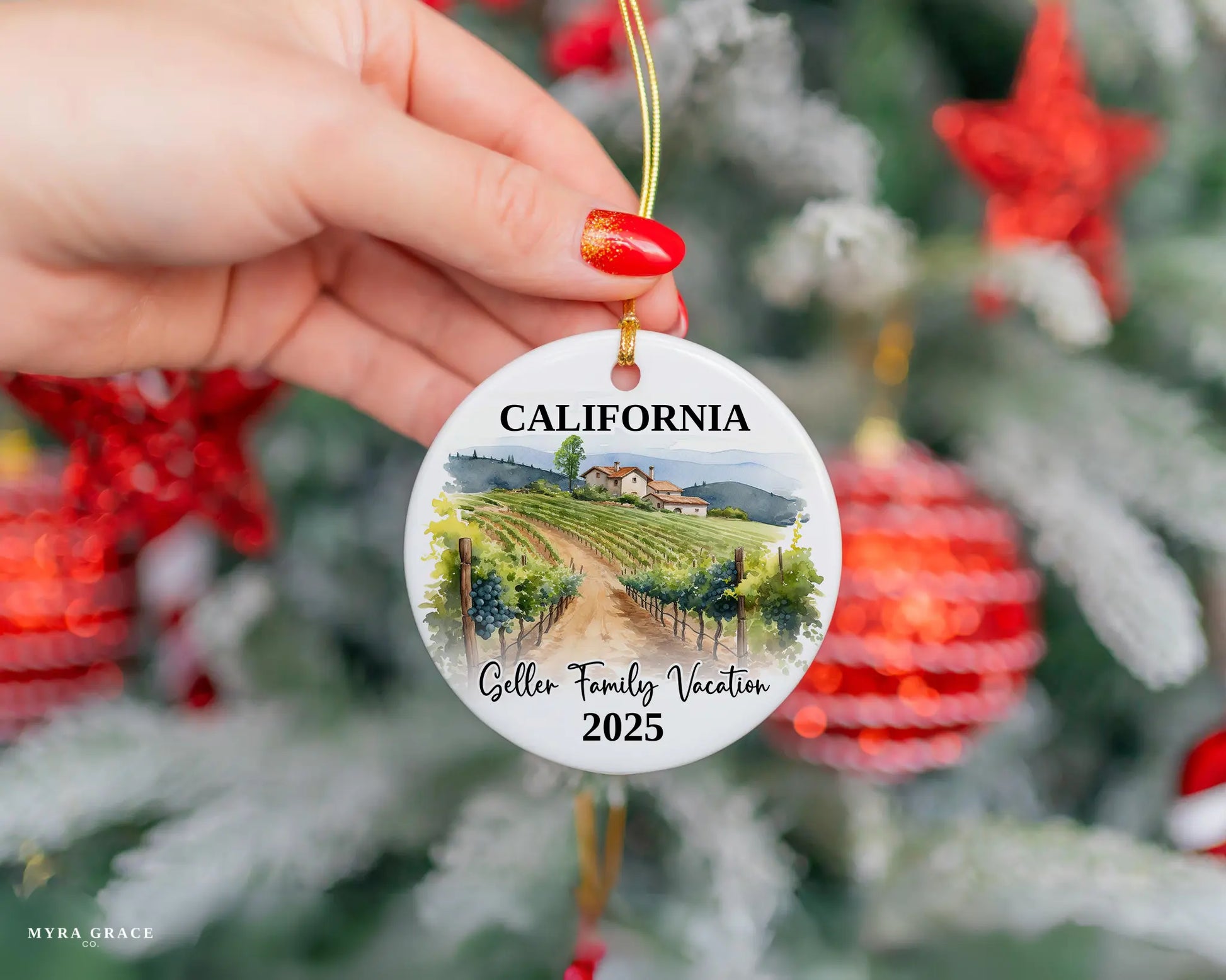 Custom vacation California ceramic photo ornament with personalized message – handmade Christmas bauble, gift souvenir, or vacation keepsake. 