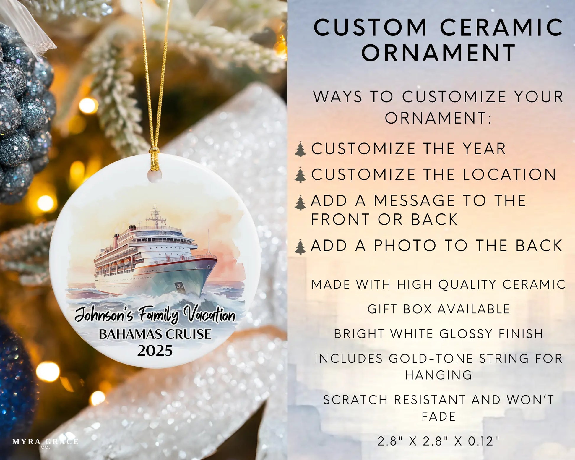 Handmade ceramic Bahamas cruise ornament with personalized location and photo – custom Christmas bauble or cruise vacation souvenir. Infographic