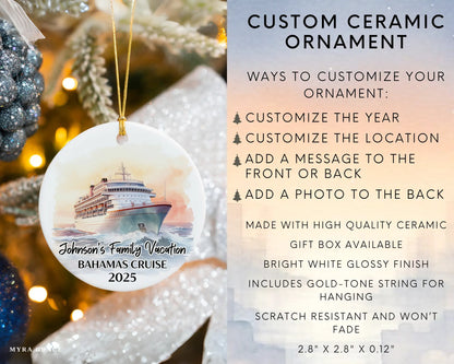 Handmade ceramic Bahamas cruise ornament with personalized location and photo – custom Christmas bauble or cruise vacation souvenir. Infographic