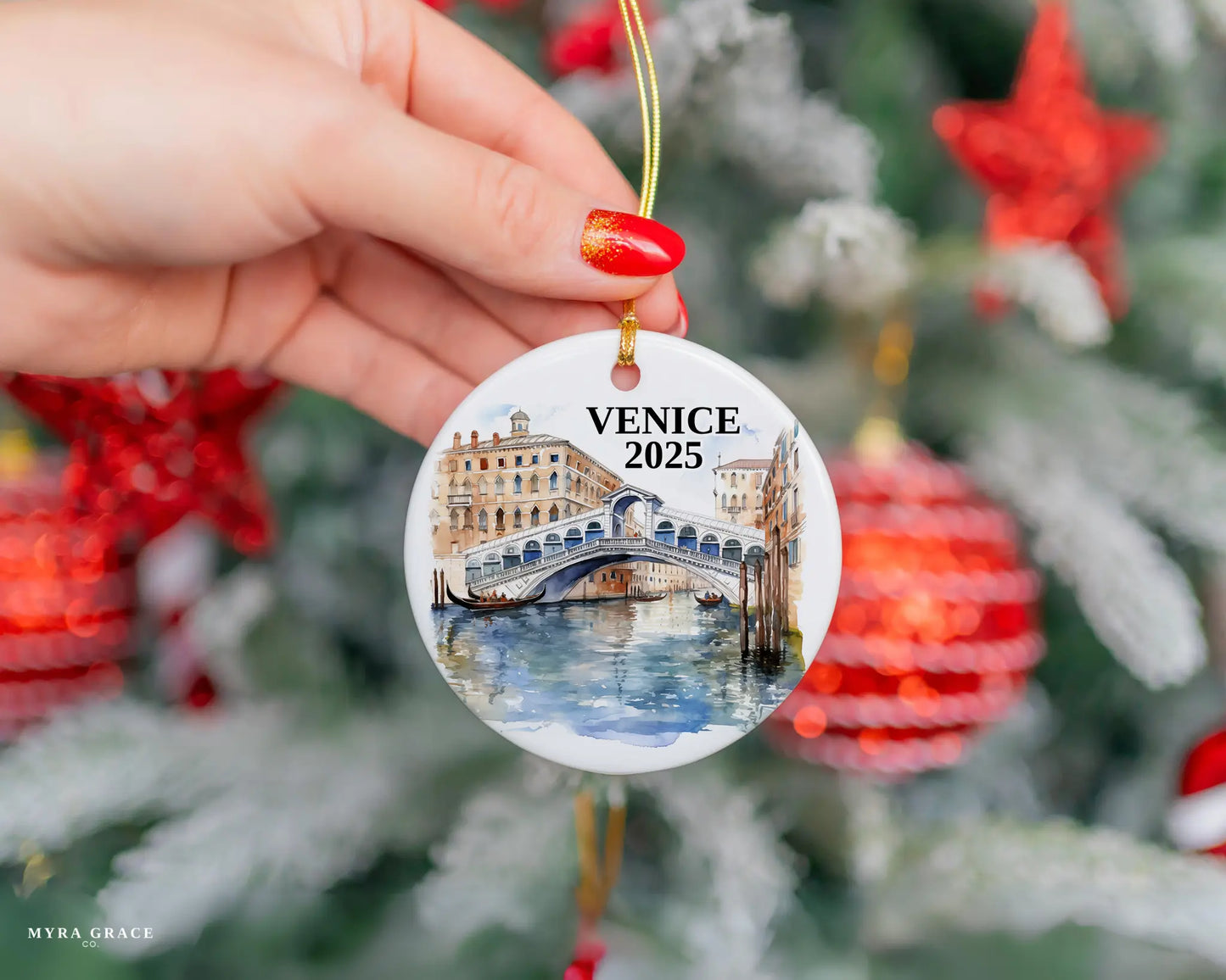 Custom Venice Italy ceramic photo ornament with personalized message – handmade Christmas bauble, gift souvenir, or vacation keepsake. 