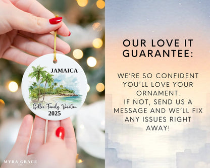 Custom vacation Jamaica ceramic photo ornament with personalized message – handmade Christmas bauble, gift souvenir, or vacation keepsake. Love it guarantee