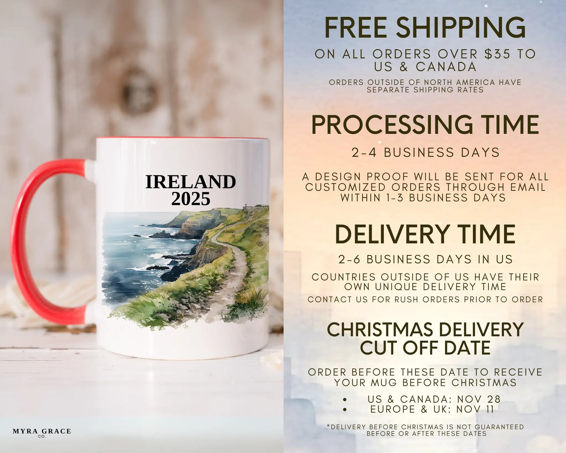 Custom ceramic Ireland Cliffs of Moher vacation mug with watercolor location design, date, and personal photo – personalized travel gift or photo mug. Free shipping