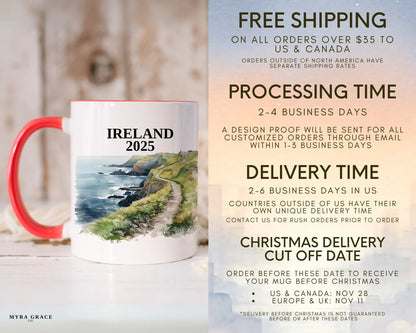 Custom ceramic Ireland Cliffs of Moher vacation mug with watercolor location design, date, and personal photo – personalized travel gift or photo mug. Free shipping