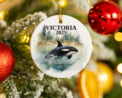 Custom Victoria Canada ceramic photo ornament with personalized message – handmade Christmas bauble, gift souvenir, or vacation keepsake. 