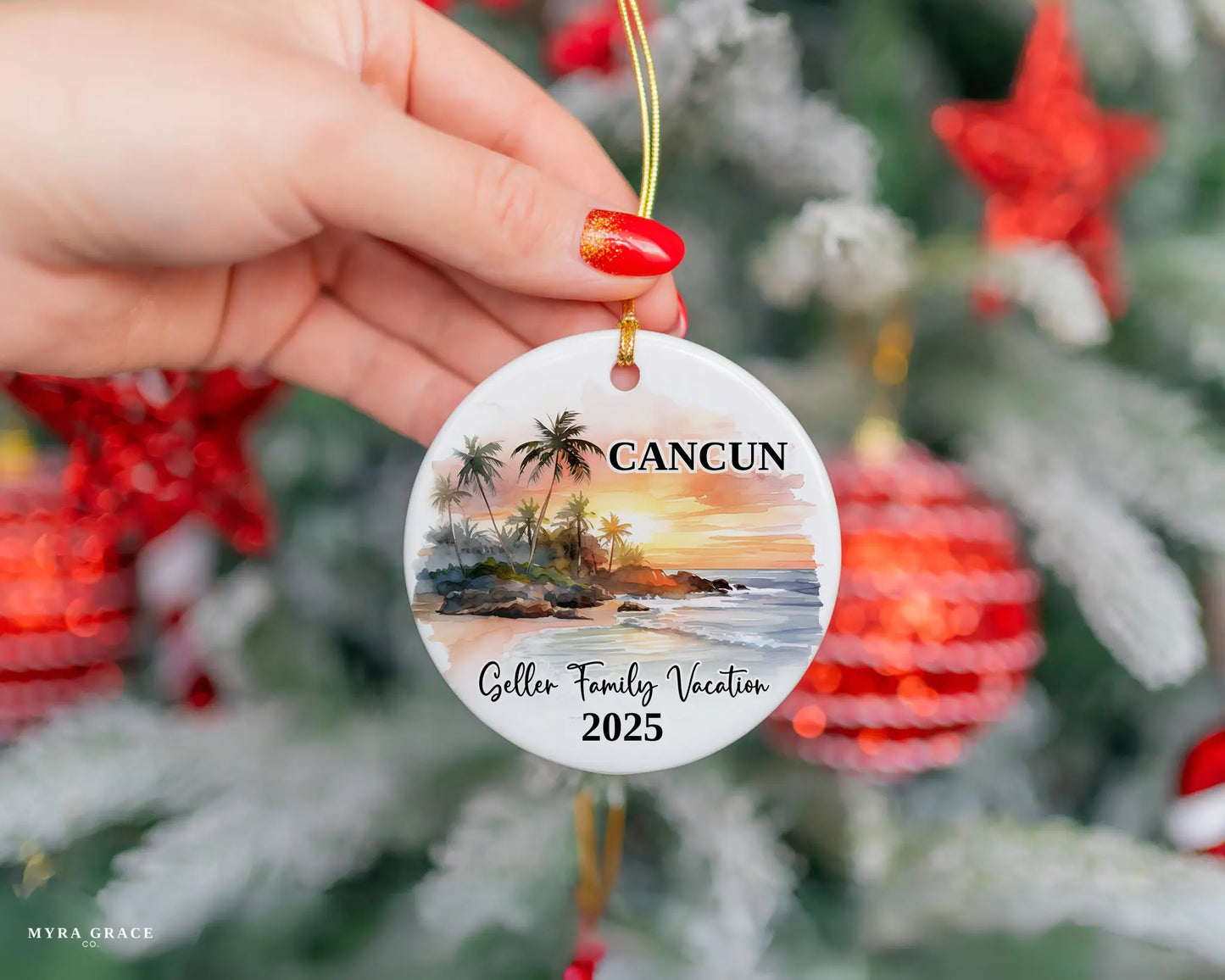 Custom vacation Cancun Mexico ceramic photo ornament with personalized message – handmade Christmas bauble, gift souvenir, or vacation keepsake. 