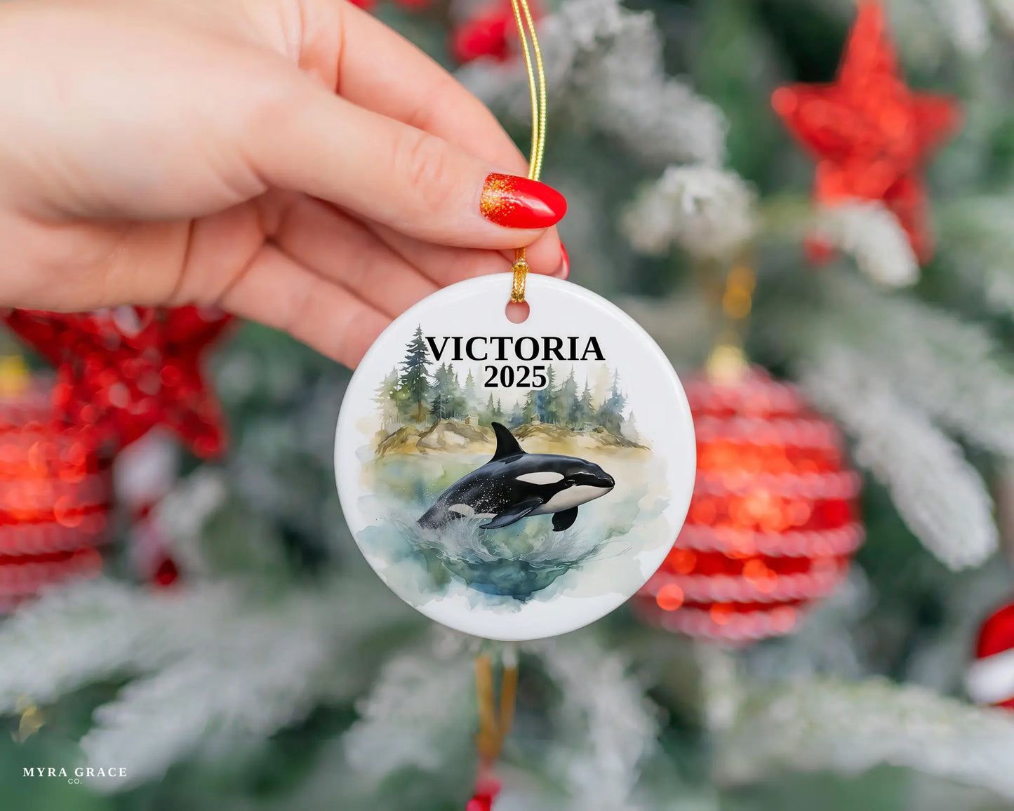 Custom Victoria Canada ceramic photo ornament with personalized message – handmade Christmas bauble, gift souvenir, or vacation keepsake. 