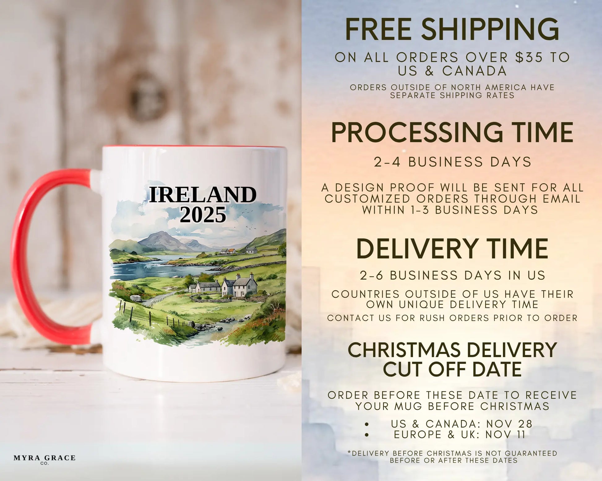 Custom ceramic Ireland vacation mug with watercolor location design, date, and personal photo – personalized travel gift or photo mug. Free shipping