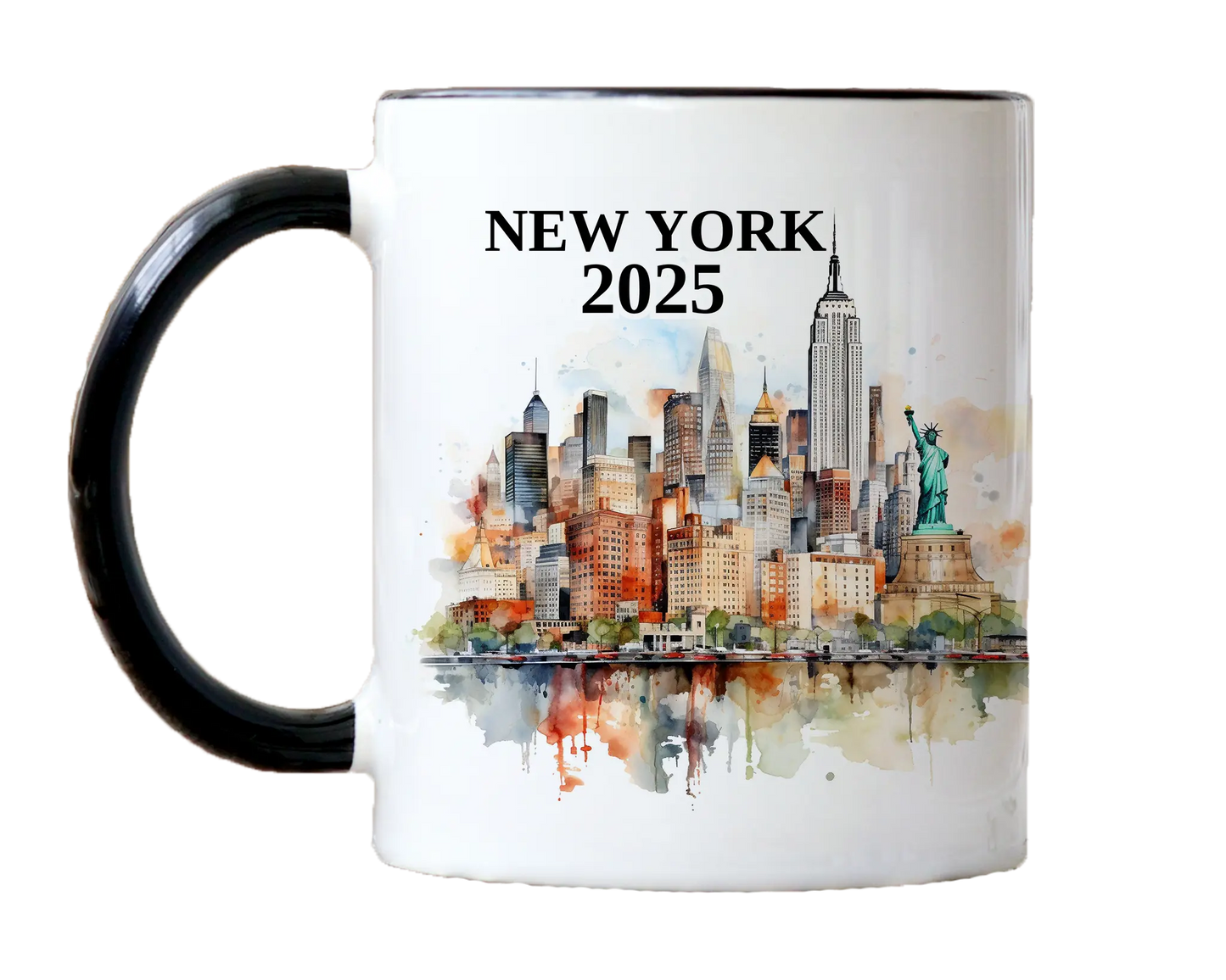 Custom ceramic New York vacation mug with watercolor location design, date, and personal photo – personalized travel gift or photo mug. 