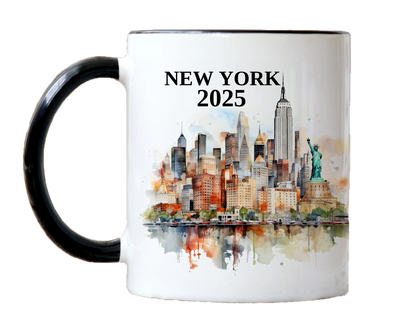Custom ceramic New York vacation mug with watercolor location design, date, and personal photo – personalized travel gift or photo mug. 