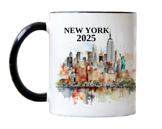 Custom ceramic New York vacation mug with watercolor location design, date, and personal photo – personalized travel gift or photo mug. 
