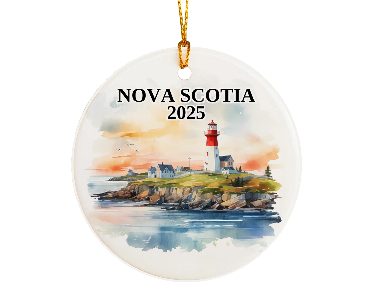 Custom Nova Scotia ceramic photo ornament with personalized message – handmade Christmas bauble, gift souvenir, or vacation keepsake. 