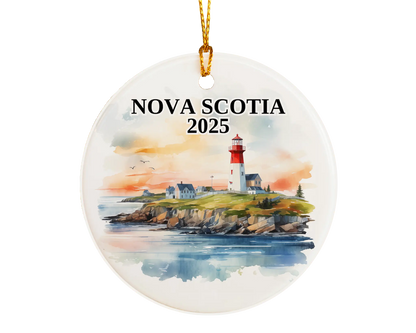 Custom Nova Scotia ceramic photo ornament with personalized message – handmade Christmas bauble, gift souvenir, or vacation keepsake. 