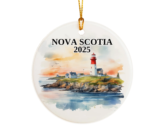 Custom Nova Scotia ceramic photo ornament with personalized message – handmade Christmas bauble, gift souvenir, or vacation keepsake. 