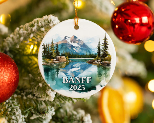 Custom Banff, Canada ceramic photo ornament with personalized message – handmade Christmas bauble, gift souvenir, or vacation keepsake.