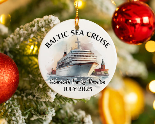 Handmade ceramic Baltic Sea Scandinavia cruise ornament with personalized location and photo – custom Christmas bauble or cruise vacation souvenir.