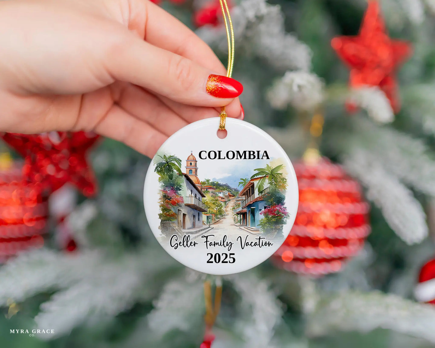 Custom vacation Colombia ceramic photo ornament with personalized message – handmade Christmas bauble, gift souvenir, or vacation keepsake. 