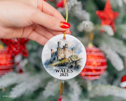 Custom Wales Cymru ceramic photo ornament with personalized message – handmade Christmas bauble, gift souvenir, or vacation keepsake. 
