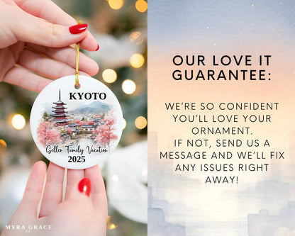 Custom vacation Kyoto Japan ceramic photo ornament with personalized message – handmade Christmas bauble, gift souvenir, or vacation keepsake. Love it guarantee