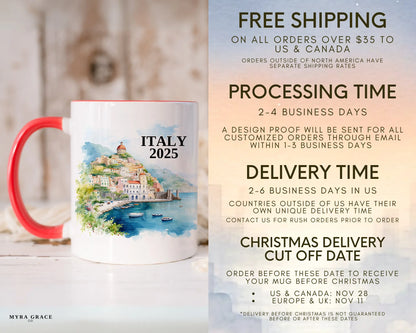 Custom ceramic Italy Amalfi Coast vacation mug with watercolor location design, date, and personal photo – personalized travel gift or photo mug. Free shipping