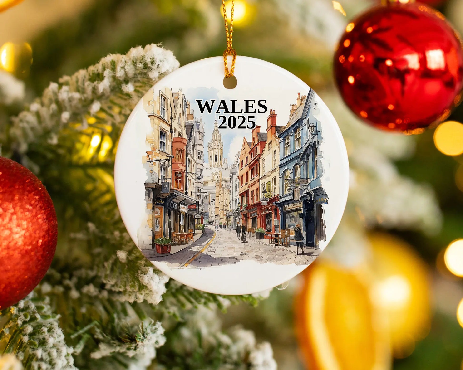 Custom Wales ceramic photo ornament with personalized message – handmade Christmas bauble, gift souvenir, or vacation keepsake. 