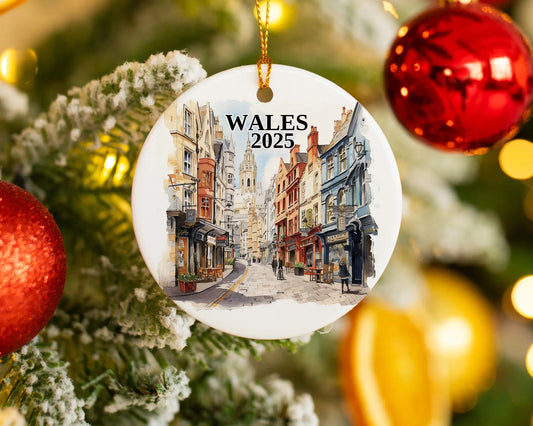 Custom Wales ceramic photo ornament with personalized message – handmade Christmas bauble, gift souvenir, or vacation keepsake. 
