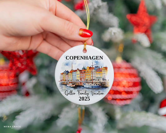 Custom vacation Copenhagen Denmark ceramic photo ornament with personalized message – handmade Christmas bauble, gift souvenir, or vacation keepsake. 