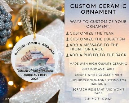 Handmade ceramic Caribbean cruise ornament with personalized location and photo – custom Christmas bauble or cruise vacation souvenir. Infographic