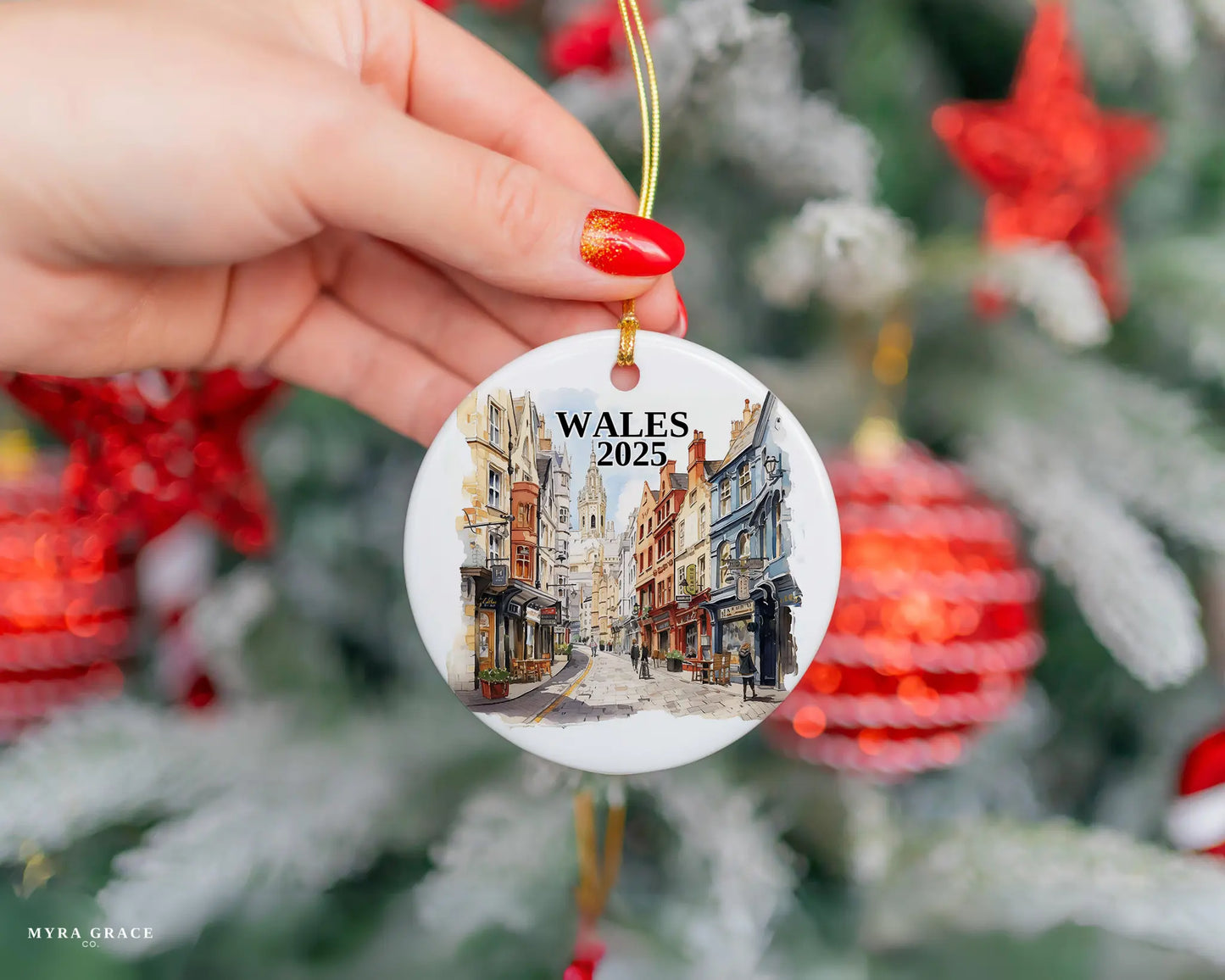 Custom Wales ceramic photo ornament with personalized message – handmade Christmas bauble, gift souvenir, or vacation keepsake. 