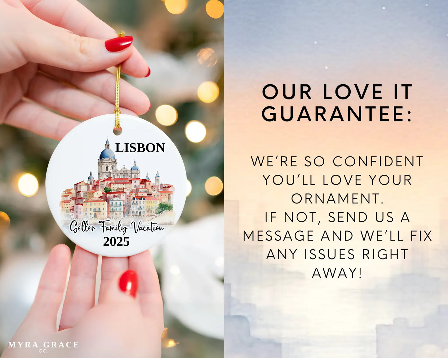 Custom vacation Lisbon Portugal ceramic photo ornament with personalized message – handmade Christmas bauble, gift souvenir, or vacation keepsake. Love it guarantee