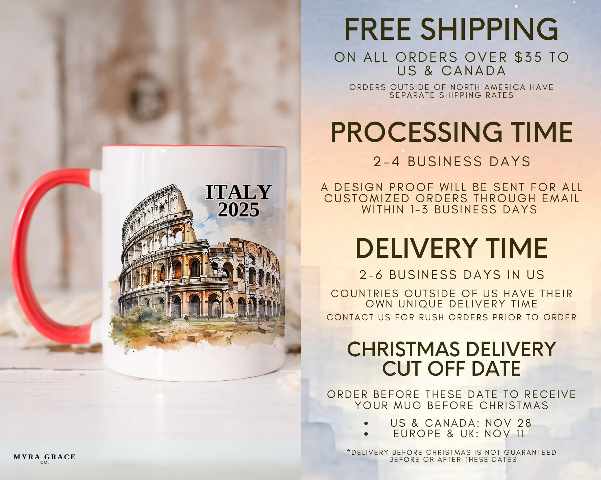 Custom ceramic Italy Colosseum vacation mug with watercolor location design, date, and personal photo – personalized travel gift or photo mug. Free shipping