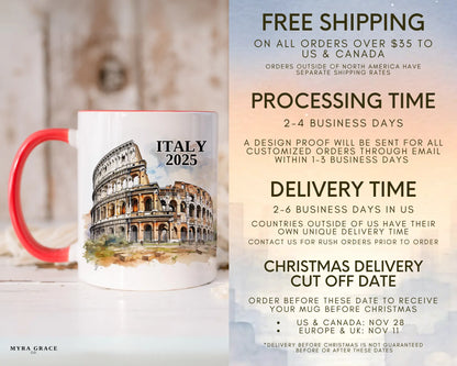 Custom ceramic Italy Colosseum vacation mug with watercolor location design, date, and personal photo – personalized travel gift or photo mug. Free shipping