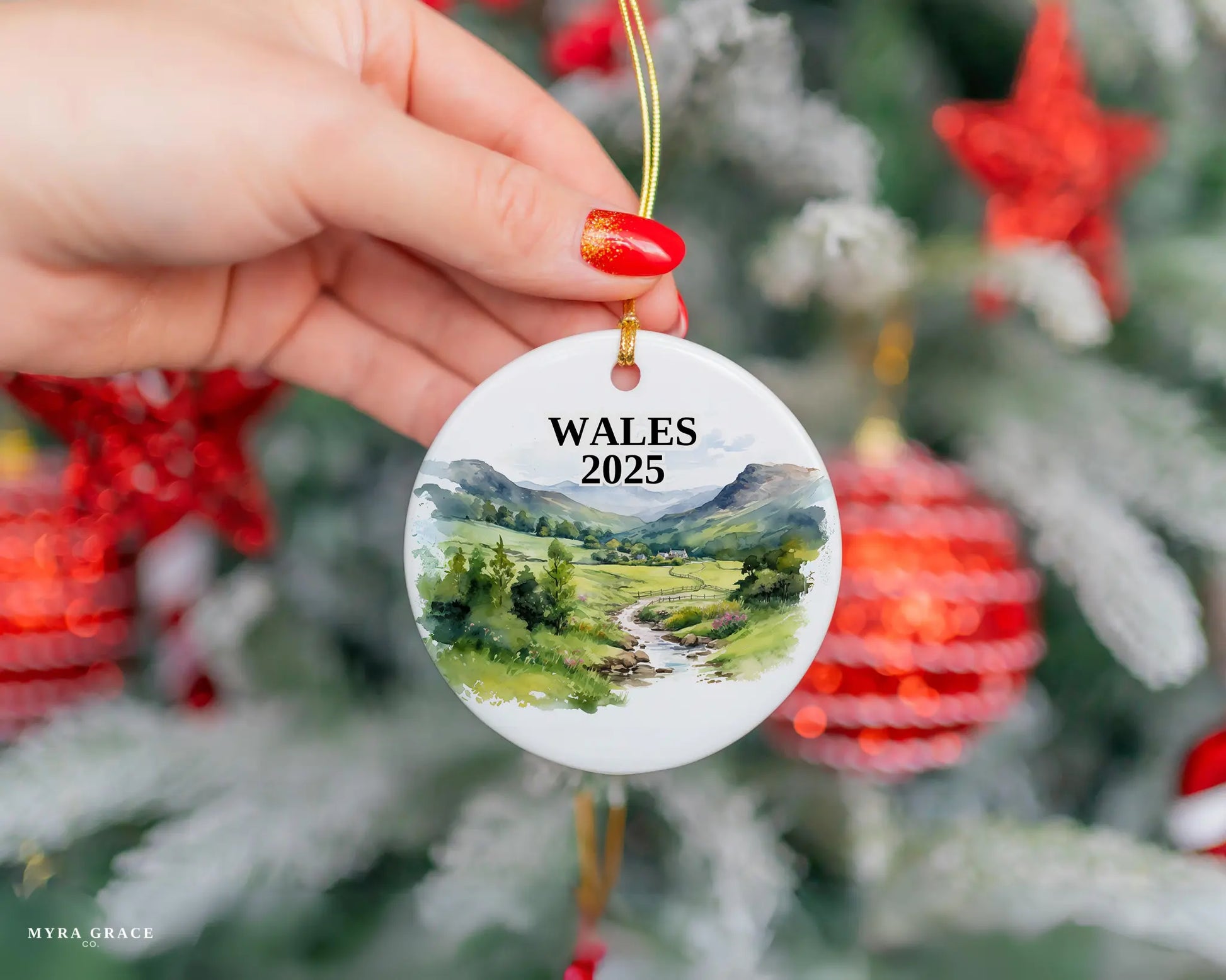 Custom Wales Cymru ceramic photo ornament with personalized message – handmade Christmas bauble, gift souvenir, or vacation keepsake. 