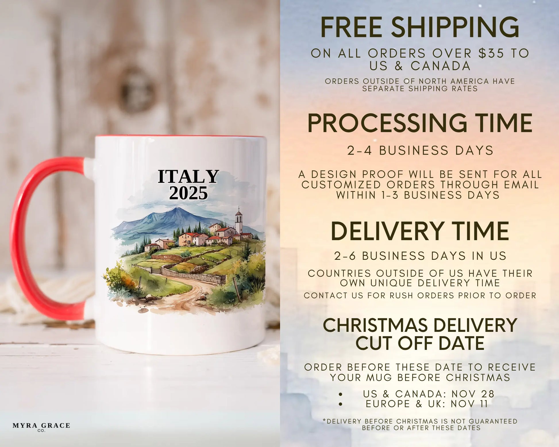 Custom ceramic Italy vacation mug with watercolor location design, date, and personal photo – personalized travel gift or photo mug. Free shipping