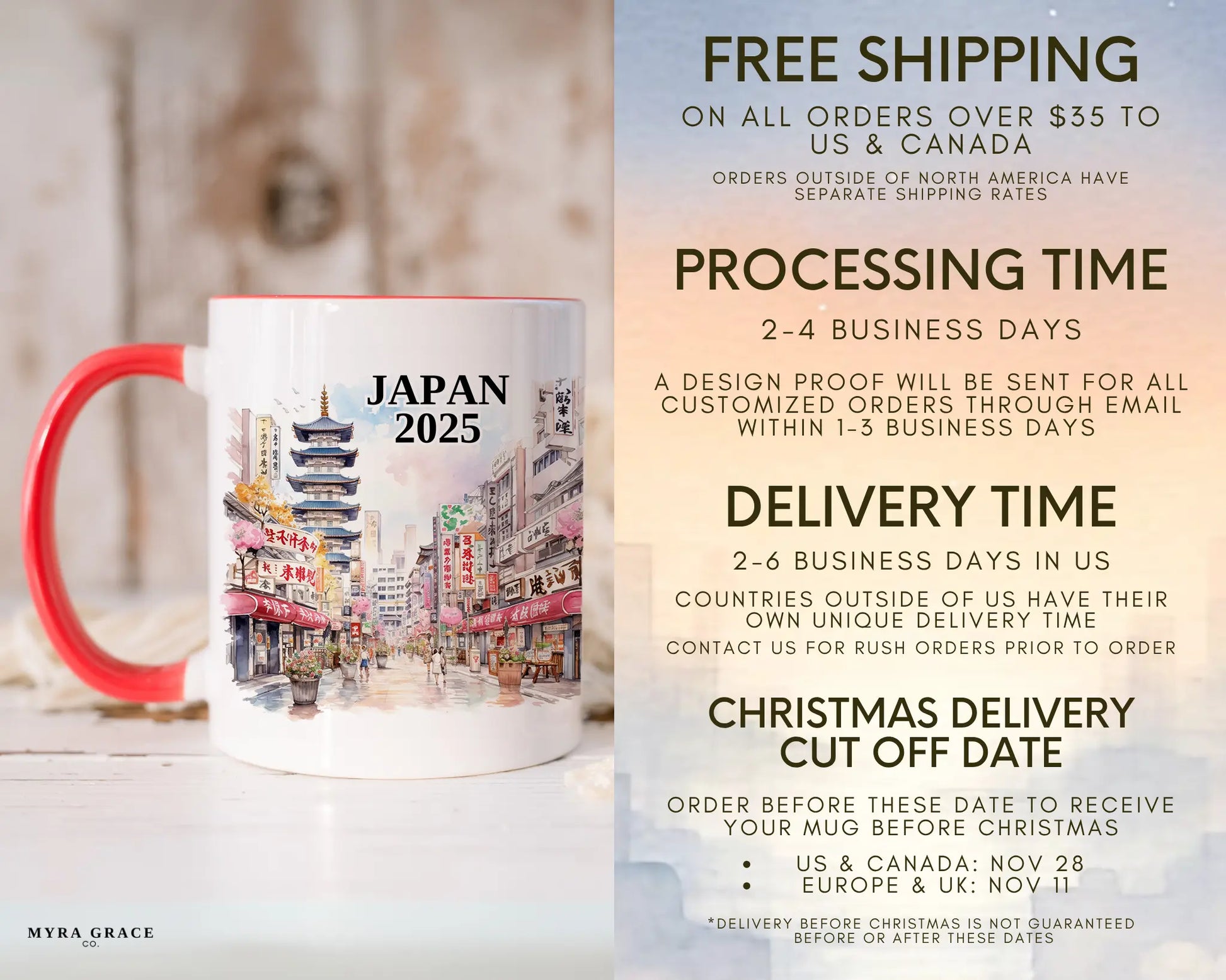 Custom ceramic Japan vacation mug with watercolor location design, date, and personal photo – personalized travel gift or photo mug. Free shipping