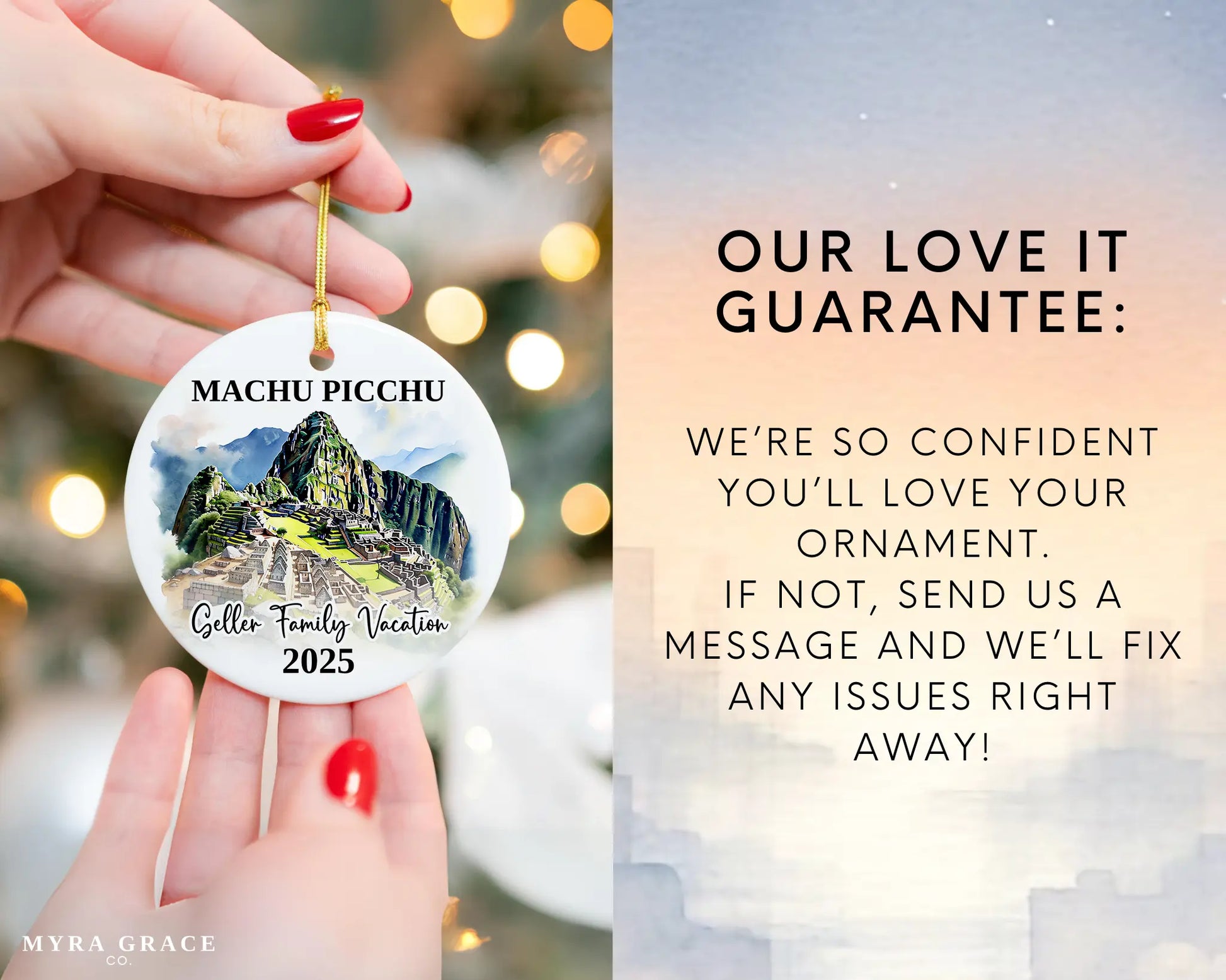 Custom vacation Machu Picchu ceramic photo ornament with personalized message – handmade Christmas bauble, gift souvenir, or vacation keepsake. Love it guarantee