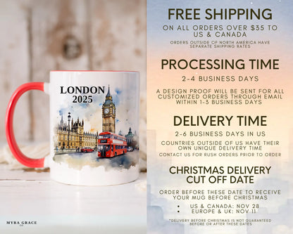 Custom ceramic London vacation mug with watercolor location design, date, and personal photo – personalized travel gift or photo mug. Free shipping