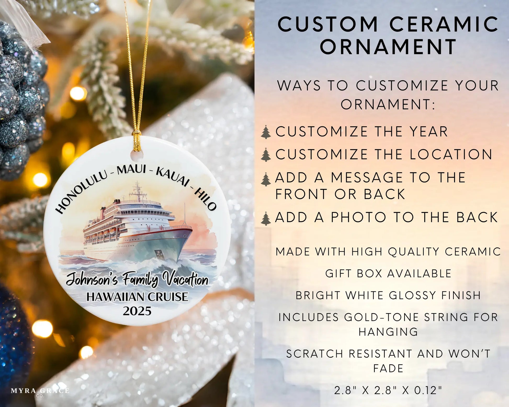 Handmade ceramic Hawaii cruise ornament with personalized location and photo – custom Christmas bauble or cruise vacation souvenir. Infographic