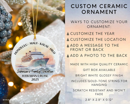 Handmade ceramic Hawaii cruise ornament with personalized location and photo – custom Christmas bauble or cruise vacation souvenir. Infographic