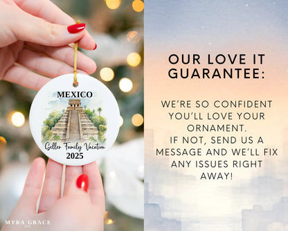Custom vacation Mexico Pyramids ceramic photo ornament with personalized message – handmade Christmas bauble, gift souvenir, or vacation keepsake. Love it guarantee