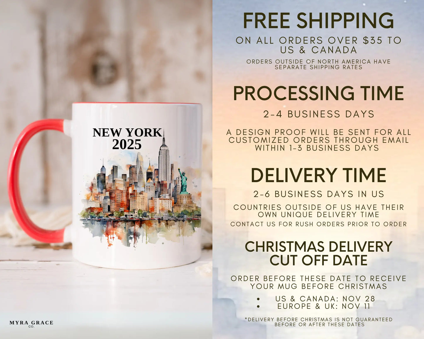 Custom ceramic New York vacation mug with watercolor location design, date, and personal photo – personalized travel gift or photo mug. Free shipping