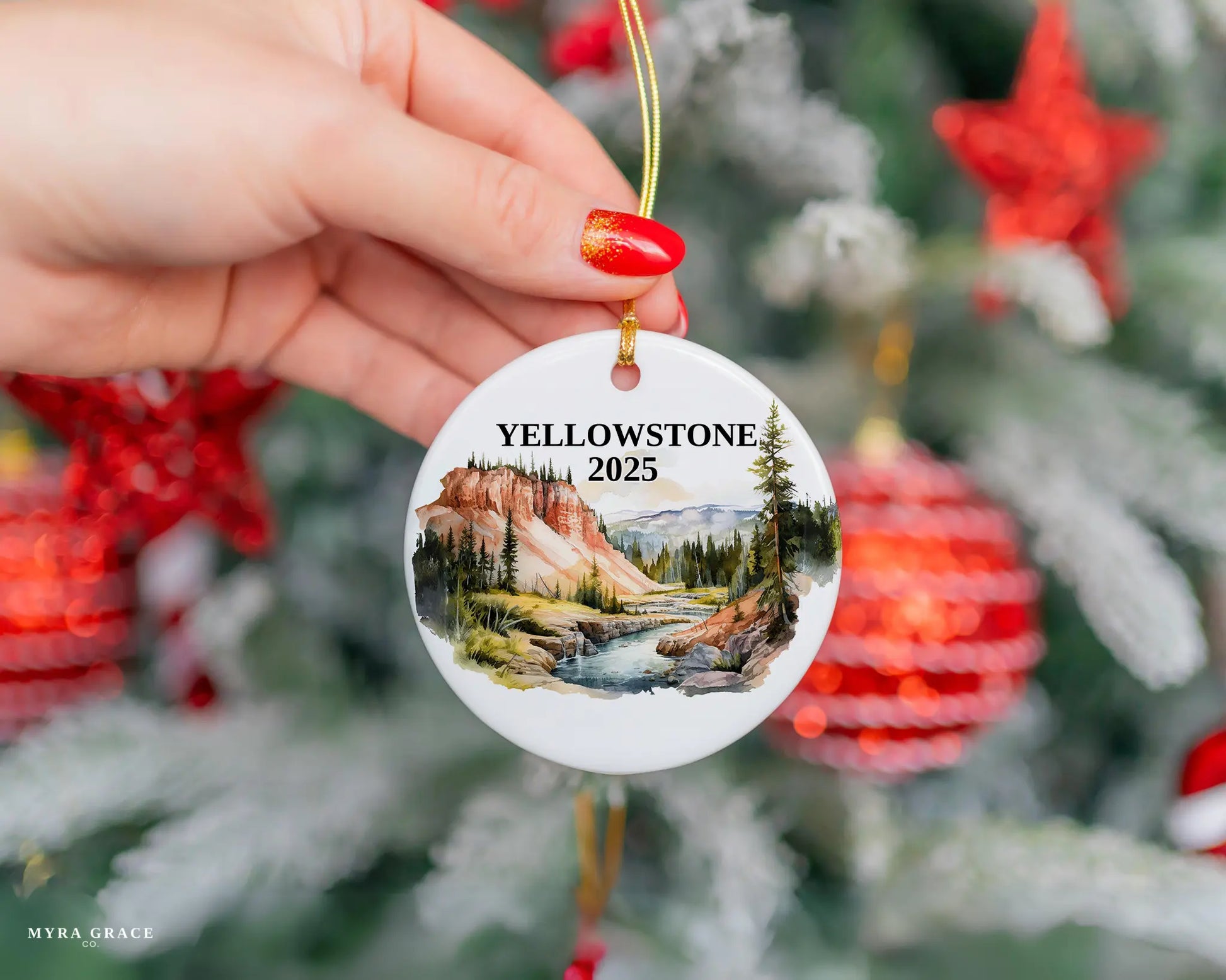 Custom Yellowstone National Park ceramic photo ornament with personalized message – handmade Christmas bauble, gift souvenir, or vacation keepsake. 