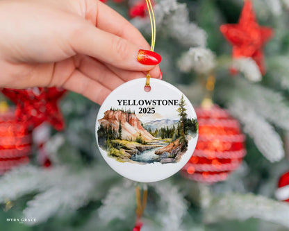 Custom Yellowstone National Park ceramic photo ornament with personalized message – handmade Christmas bauble, gift souvenir, or vacation keepsake. 