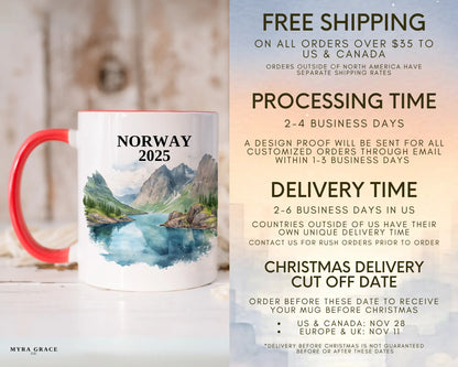 Custom ceramic Norway vacation mug with watercolor location design, date, and personal photo – personalized travel gift or photo mug. Free shipping
