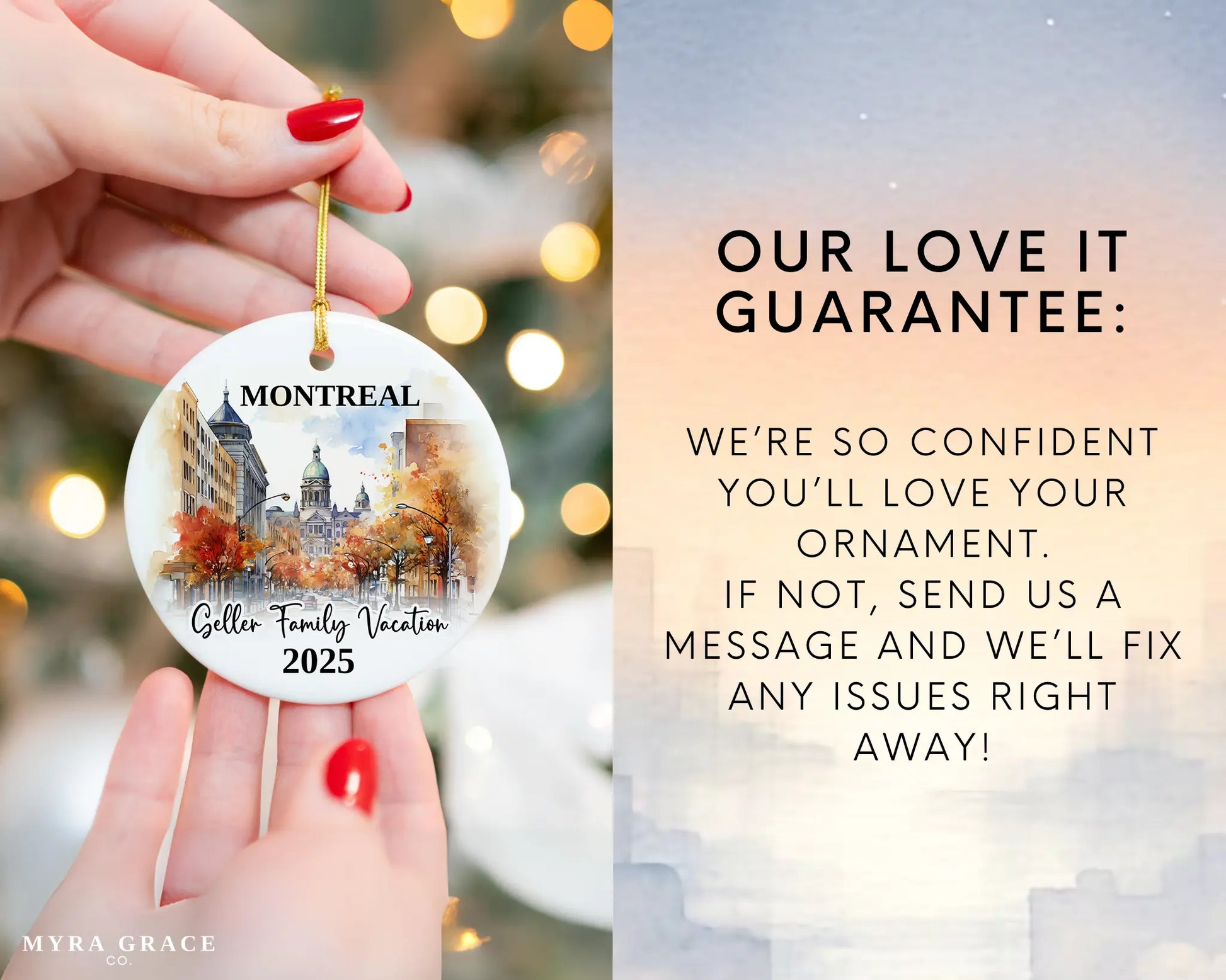 Custom vacation Montreal Quebec ceramic photo ornament with personalized message – handmade Christmas bauble, gift souvenir, or vacation keepsake. Love it guarantee