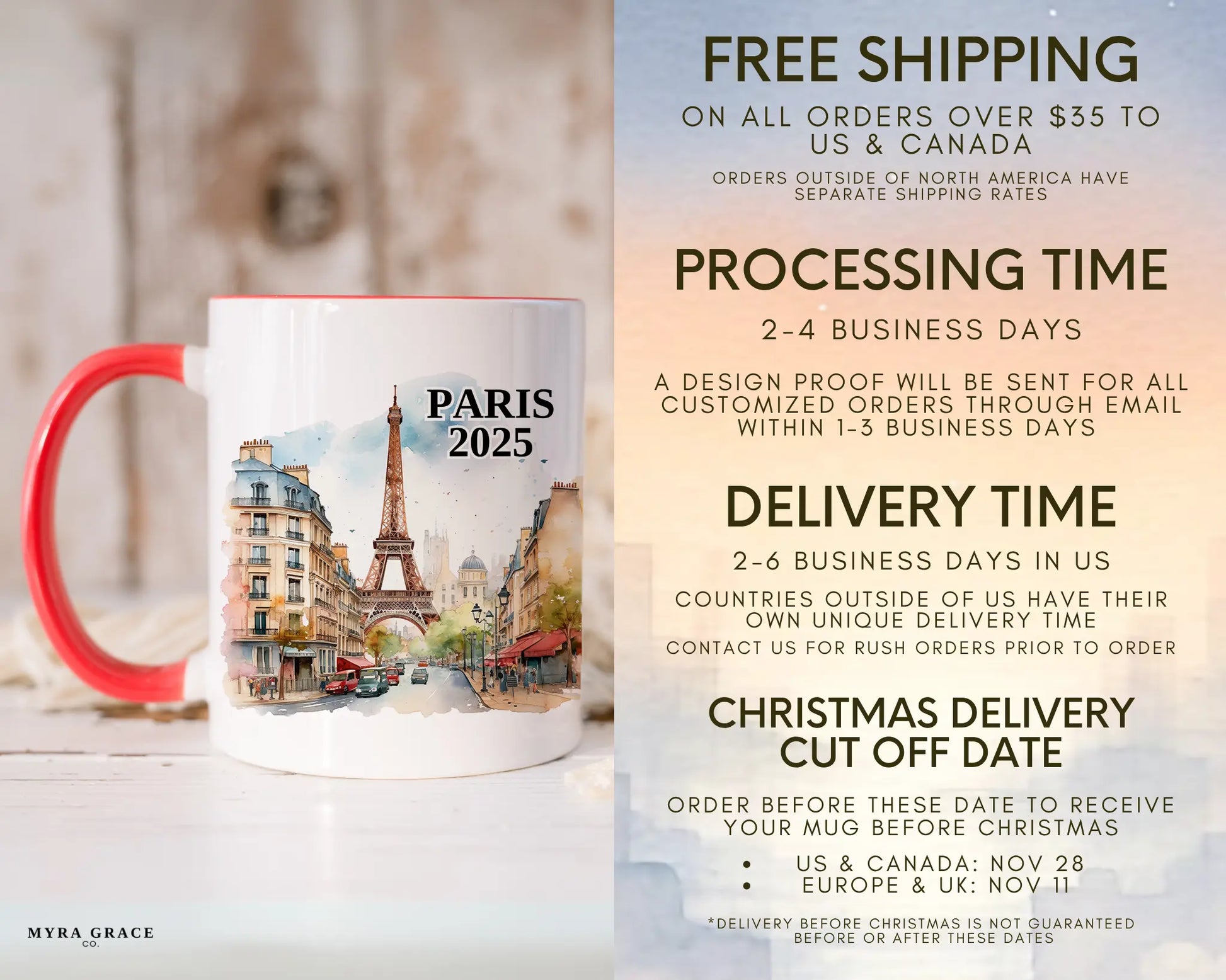 Custom ceramic Paris France vacation mug with watercolor location design, date, and personal photo – personalized travel gift or photo mug. Free shipping