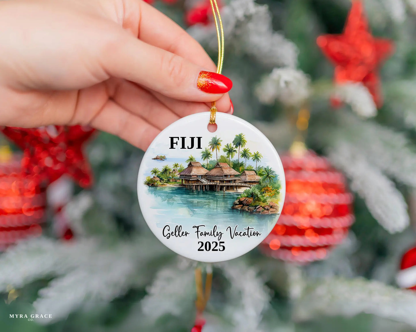 Custom vacation Fiji ceramic photo ornament with personalized message – handmade Christmas bauble, gift souvenir, or vacation keepsake. 